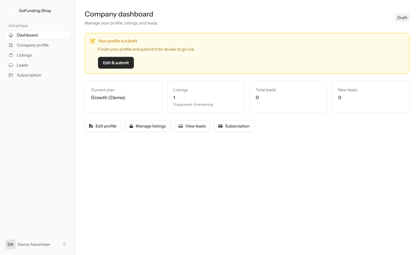 Screenshot of the create your advertiser account screen in the GoFunding.Shop advertiser dashboard