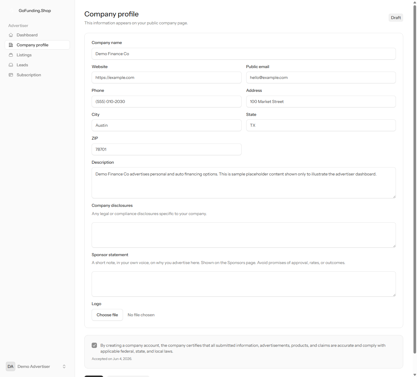 Screenshot of the complete your company profile screen in the GoFunding.Shop advertiser dashboard