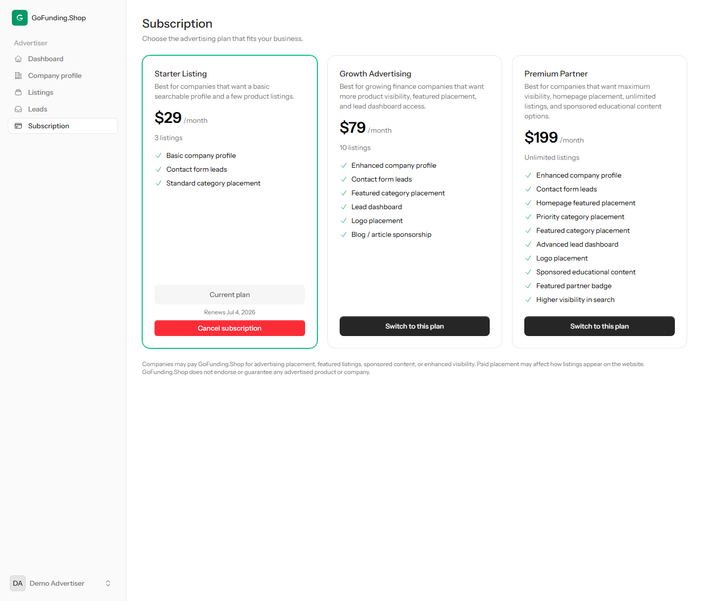 Screenshot of the choose an advertising plan screen in the GoFunding.Shop advertiser dashboard