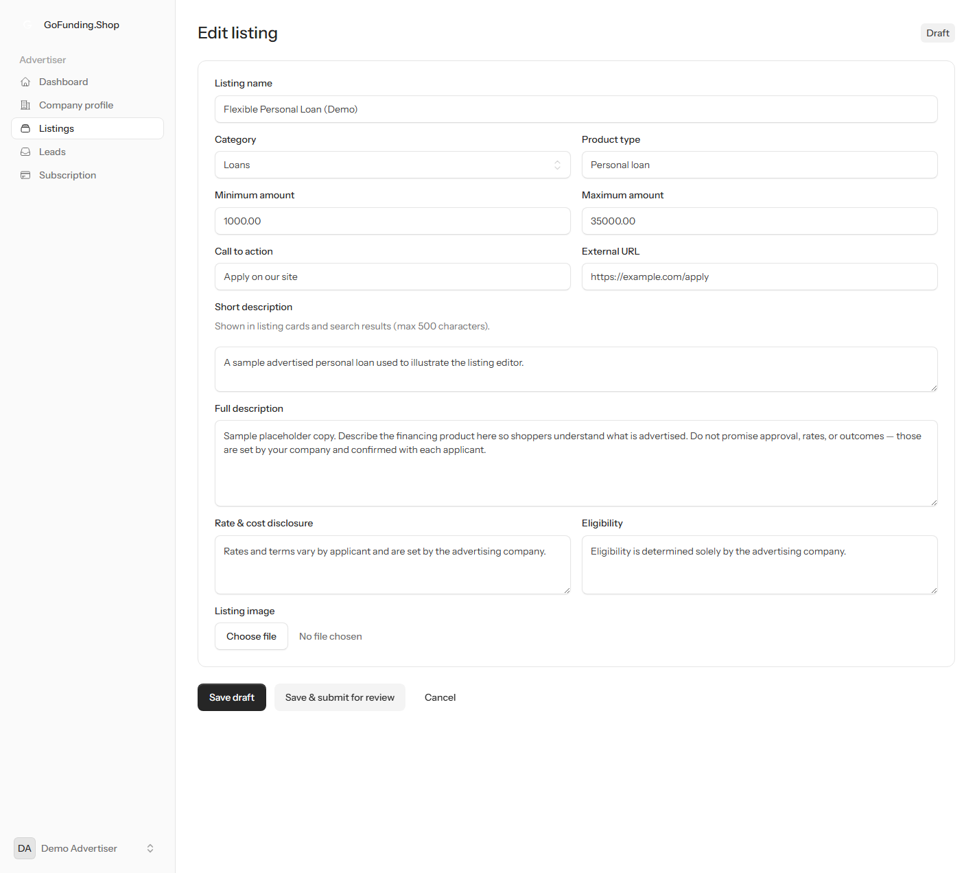 Screenshot of the add your finance product listing screen in the GoFunding.Shop advertiser dashboard